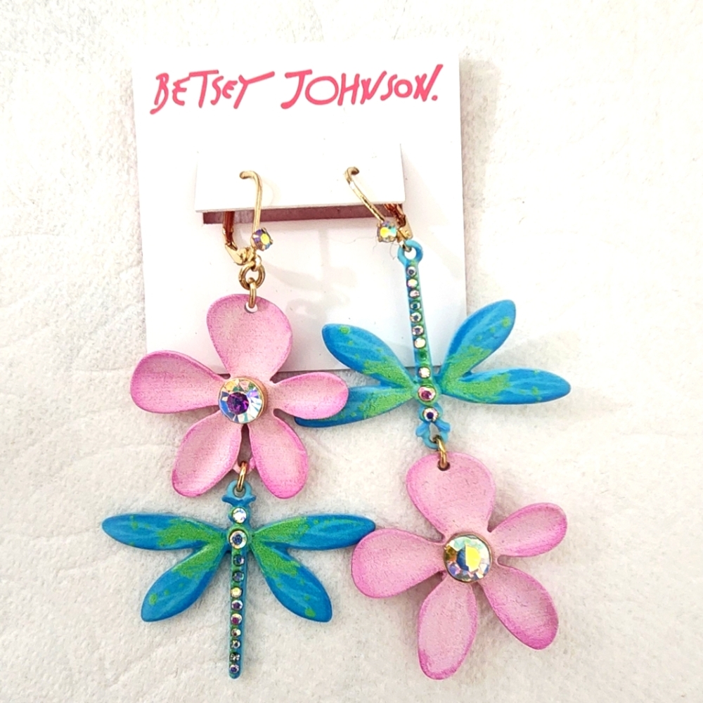 Betsey Johnson Dragonfly Dangle Earrings Pink and Blue Rhinestones New